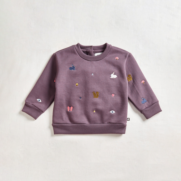 Oeuf Embroidered Sweatshirt - purple sweatshirt with misc embroidery on a neutral background