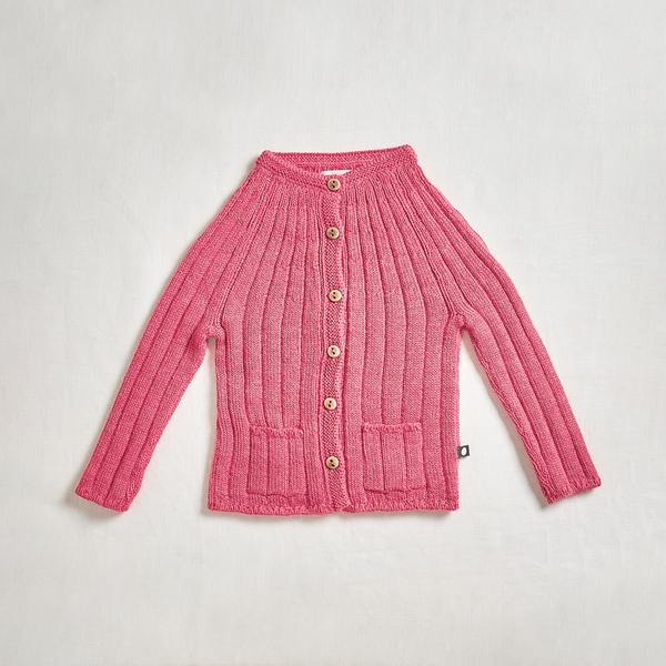 Oeuf Everyday Cardigan - pink ribbed knit cardigan on a neutral background
