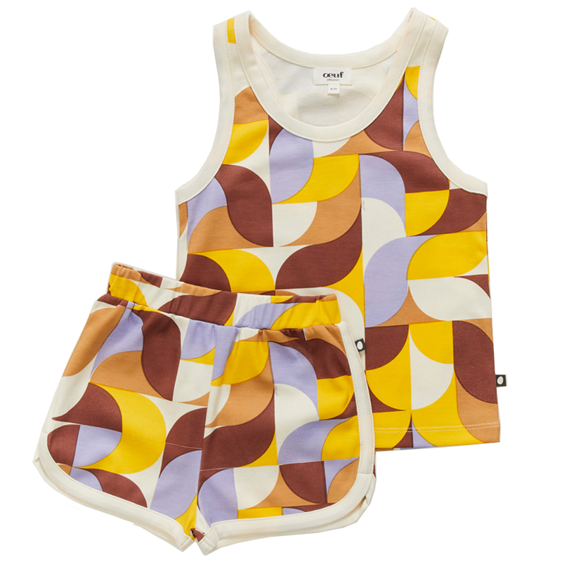 Oeuf Geometric Tank and Short Set - 100% GOTS Pima Cotton, a yellow, red, and lavender geometric print tank top set on a white background