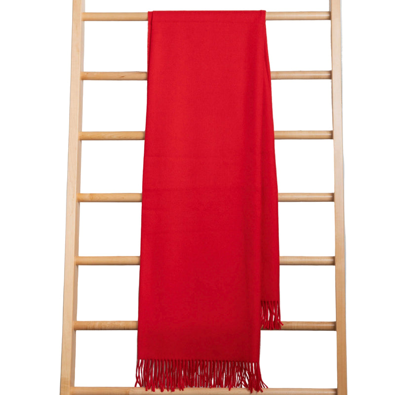 Red throwwith fringes draped over a wooden ladder against a light wooden panel background