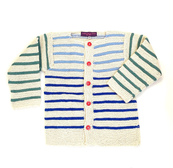 Cabbages and Kings Striped Cardigan - blue, light blue, green, and white striped cardigan with red buttons on a neutral background