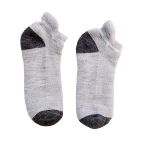 A pair of gray ankle-length running socks with black accents on the heel and toe areas.