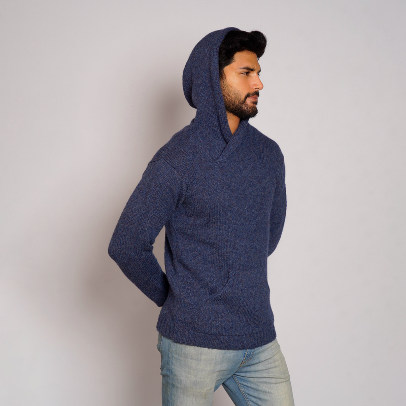 Model Wearing Brian Men's Alpaca Hoodie – Side Profile Denim Blue