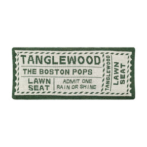 Fluff Alpaca Tanglewood Ticket Pillow. Green and White Tanglewood Ticket. It reads "Tanglewood. The Boston Pops, Lawn Sear, Admit one rain or shine.