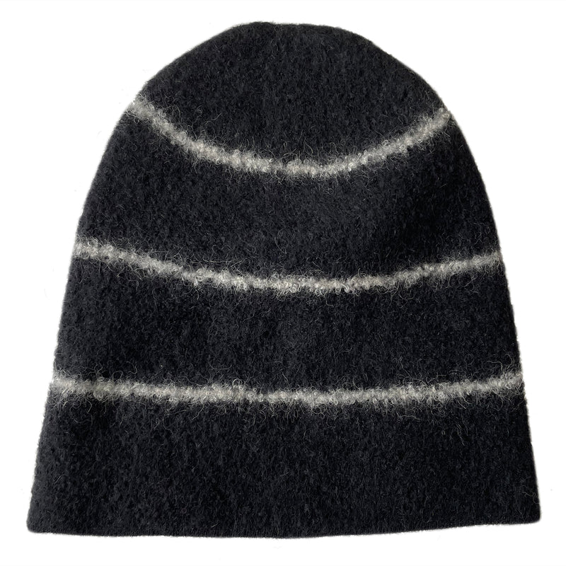 Meg Cohen Trail Hat - black hat with thin white stripes on a neutral background