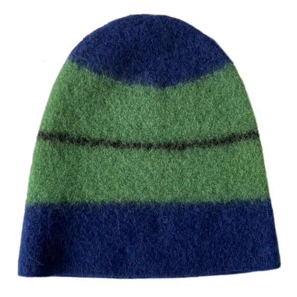 Meg Cohen Trail Hat - hat with wide blue and green stripes on a neutral background