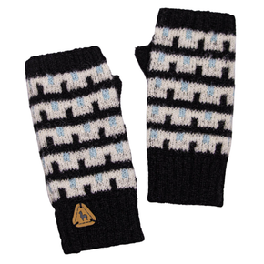 Pair of black and white patterned arm warmers with a logo on a white background