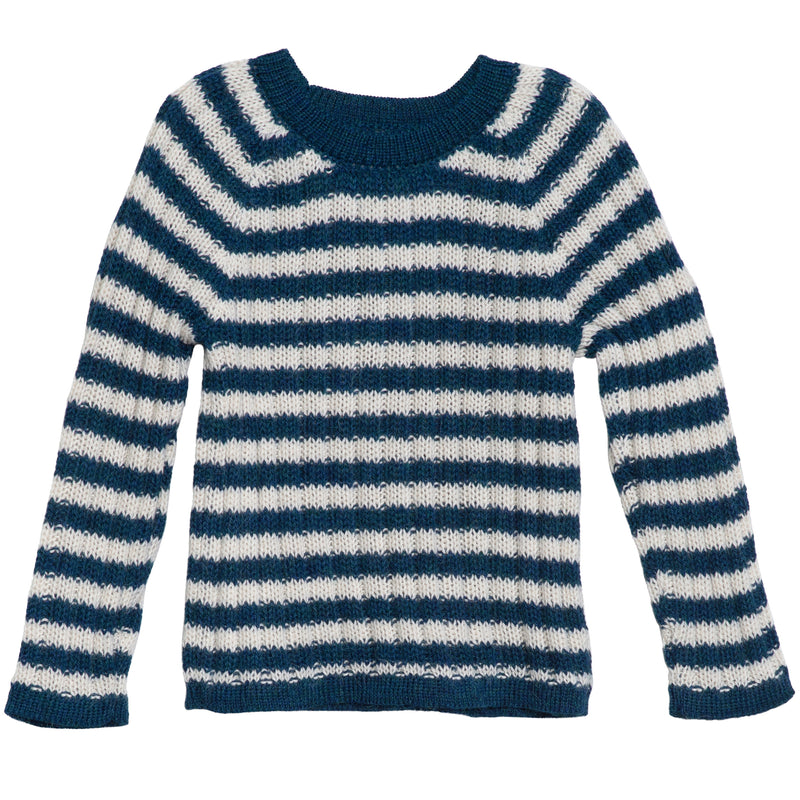 Serendipity Kid's Striped Sweater - blue and white striped knit sweater on a neutral background