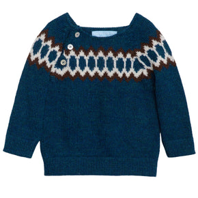 Serendipity Kid's Raglan Sweater - dark blue, red, and white patterned sweater on a neutral background