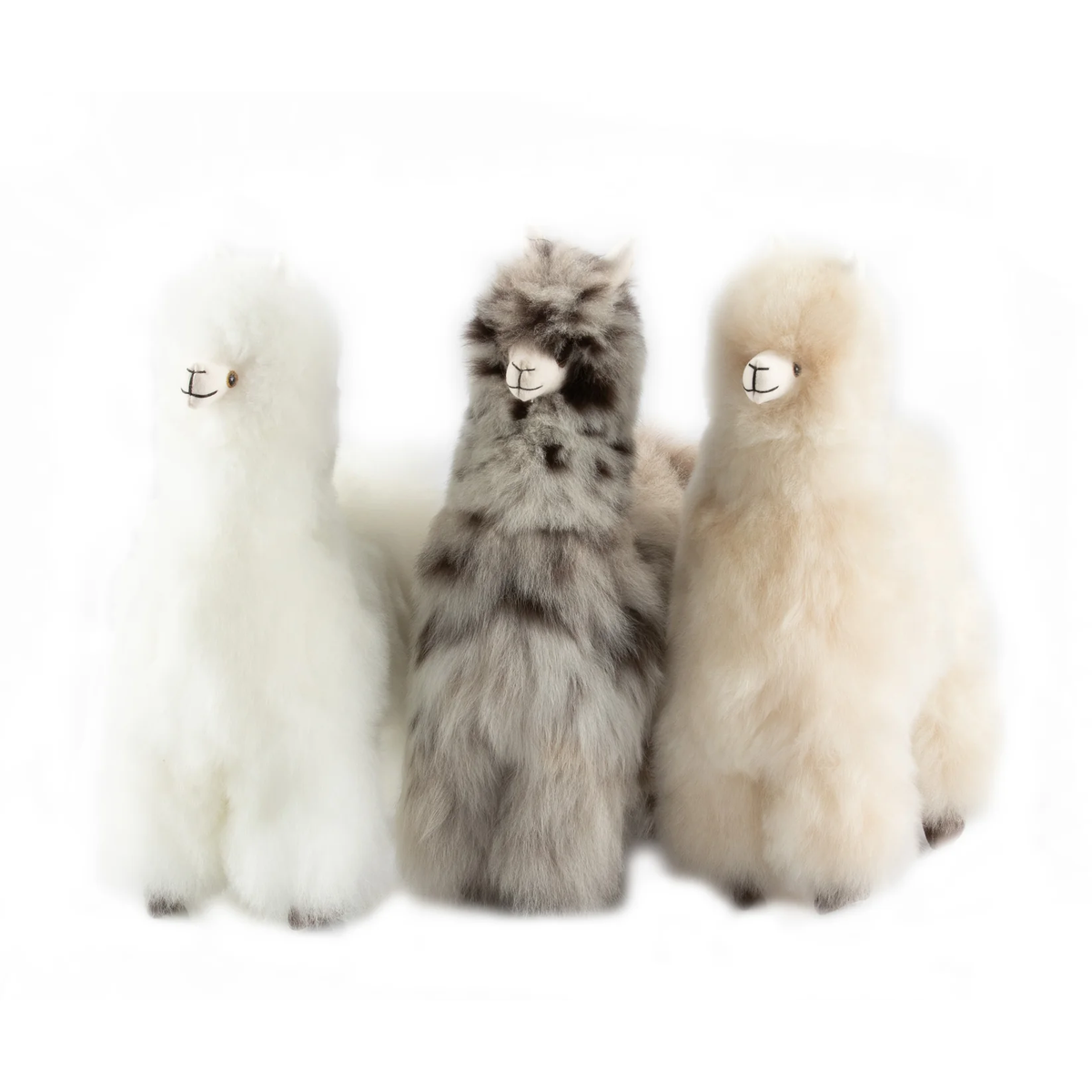 Three fluffy alpaca plush toys in white, gray, and fawn, arranged side by side against a plain white background.