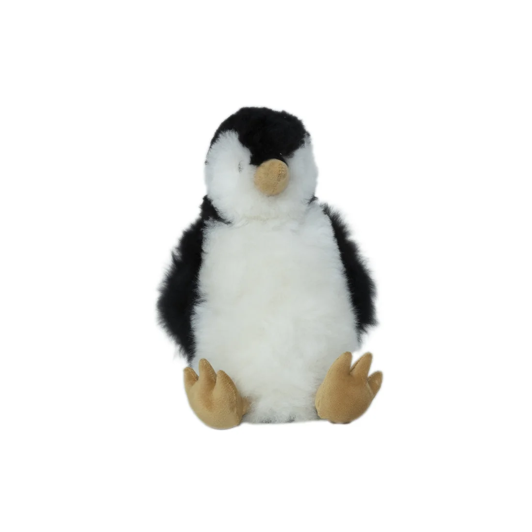 A small plush penguin toy with black and white fur, a beige beak, and tan feet, centered on a plain white background.