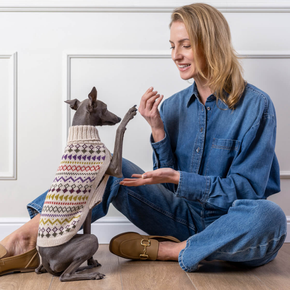 Woman sitting on the floor with a small dog wearing a patterned sweater.