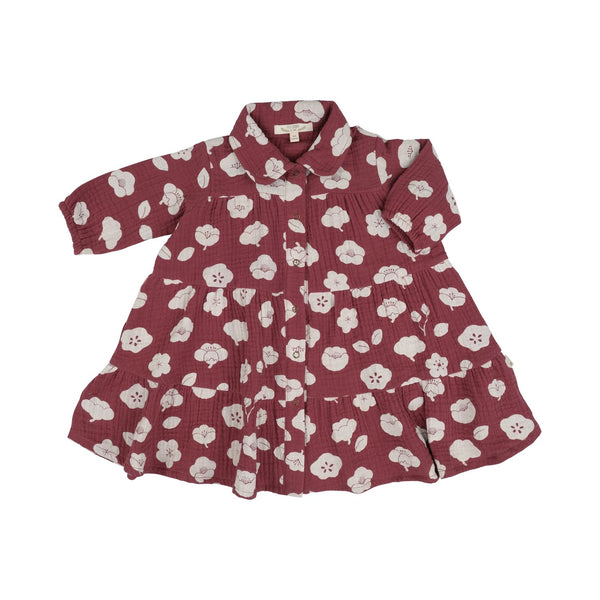 Red Caribou Babies Muslin Dress - dark red muslin dress with long sleeves, tiered skirt, buttons, and floral print on a neutral background