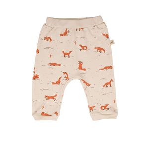 Red Caribou Babies Pants - off white pants with elastic waist and ankles, fox print, and back pocket on a neutral background