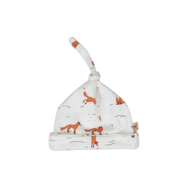 Red Caribou Babies Beanie - white baby hat with orange fox print on a neutral background