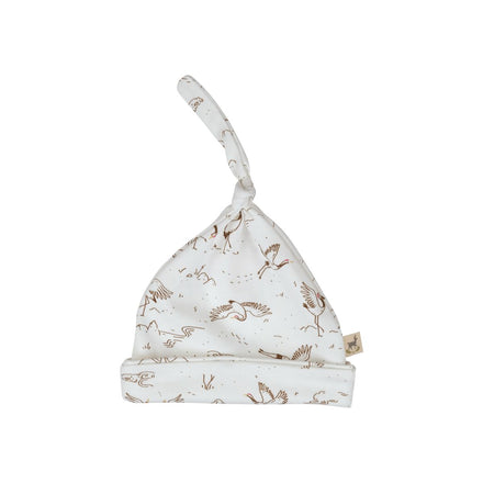 Red Caribou Babies Beanie - white baby hat with brown crane print on a neutral background