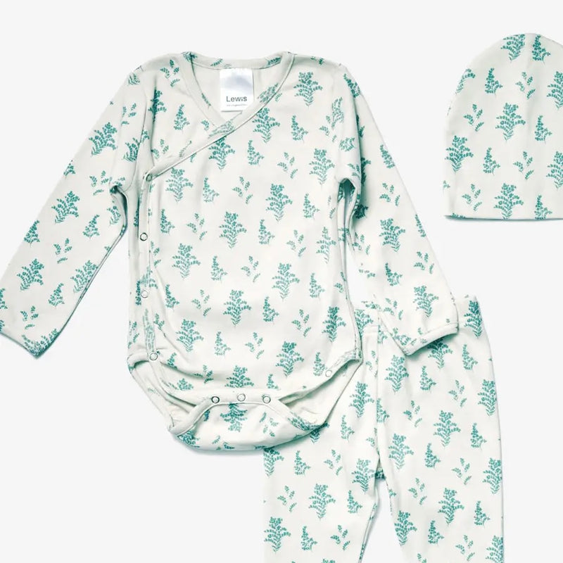Babies' Clothing Set - off white kimono style onesie, pants, and hat with green goldenrod pattern on a neutral background