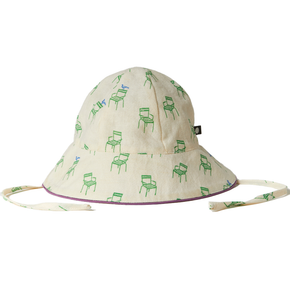 Oeuf Baby Hat – 50% cotton, 50% linen, green chair patterned hat with ties on a white background