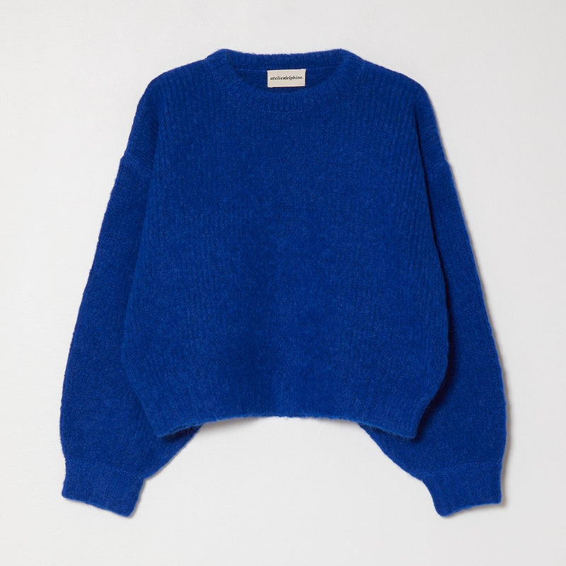 Atelier Delphine Balloon Sleeve Sweater - vibrant blue sweater with balloon sleeves on a neutral background