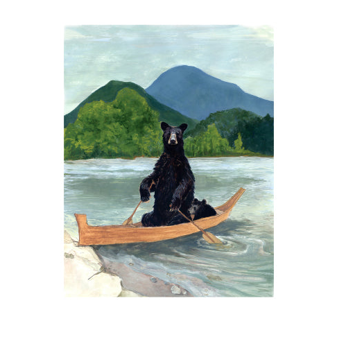 bear in a canoe in river, mountains in the background