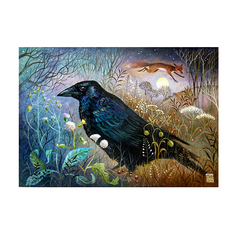 a crow and a fox in a meadow, night, moon