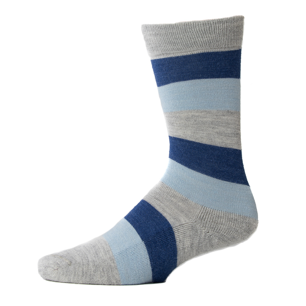 Blue, light blue, and grey striped kids' socks