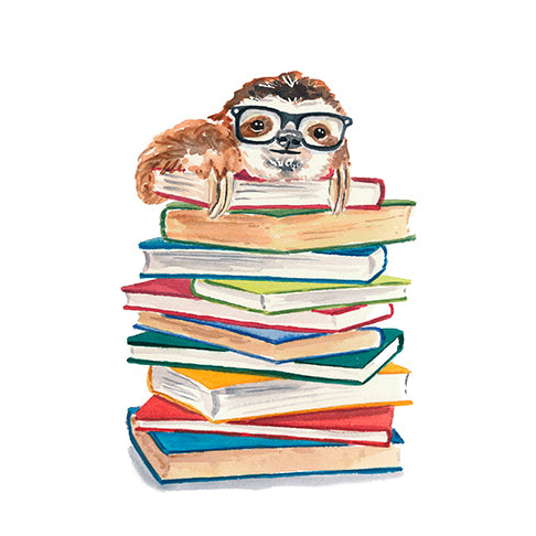 sloth wearing glasses climbs a pile of books