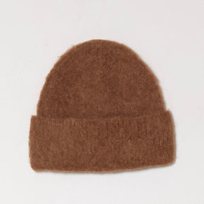 Atelier Delphine Brushed Beanie - camel colored beanie with ribbed cuff on neutral background