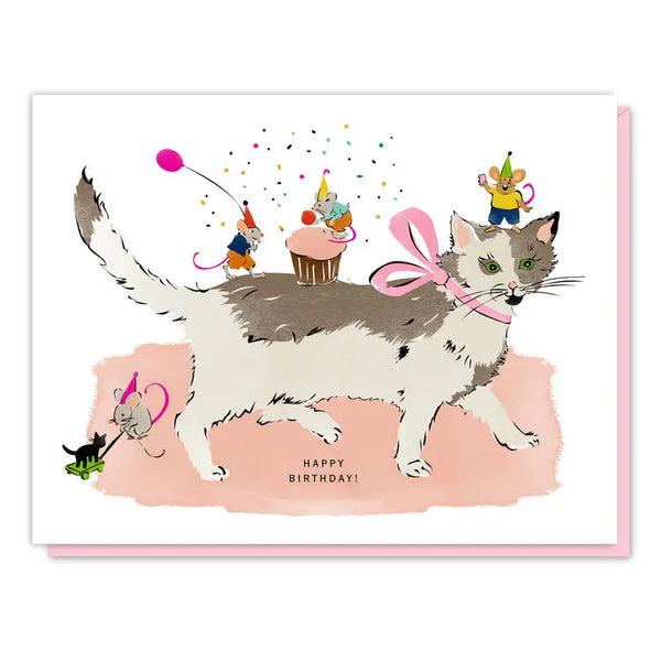 Cat and Mice Birthday Card - cat and mice celebrate a birthday