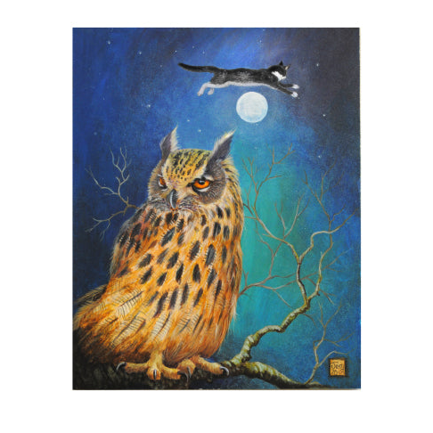 a spotted owl sits on a branch, cat jumps over the moon