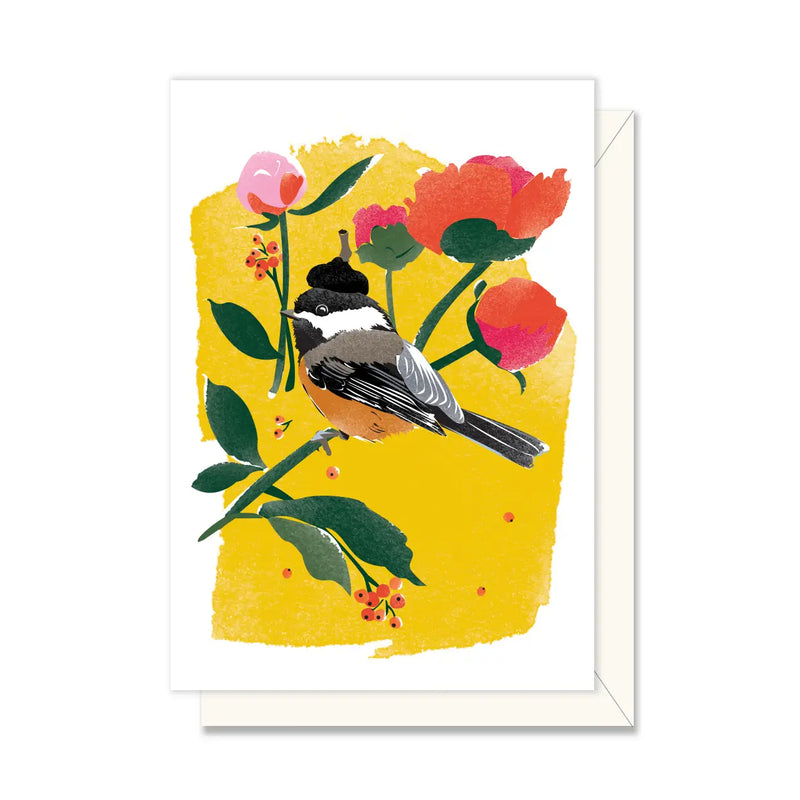 Chickadee & Peonies Mini Enclosure Card - chickadee wearing an acorn cap hat, sitting on peony stem on a yellow background