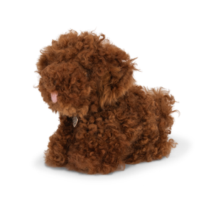 Brown plush dog toy on a white background