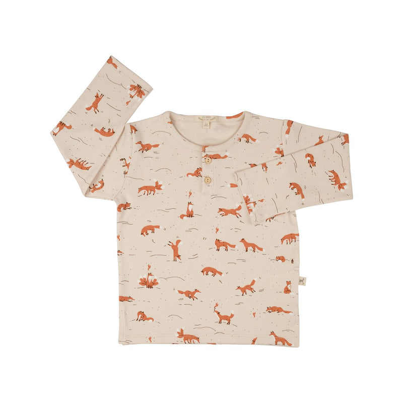 Red Caribou Childrens' Buttons Long-Sleeve T-Shirt - off white long sleeve t-shirt with button closure at the neck and fox print