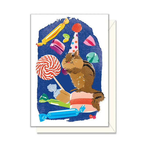 Chipmunk & Candies Mini Enclosure Card - chipmunk in a party hat eating candies on a blue background