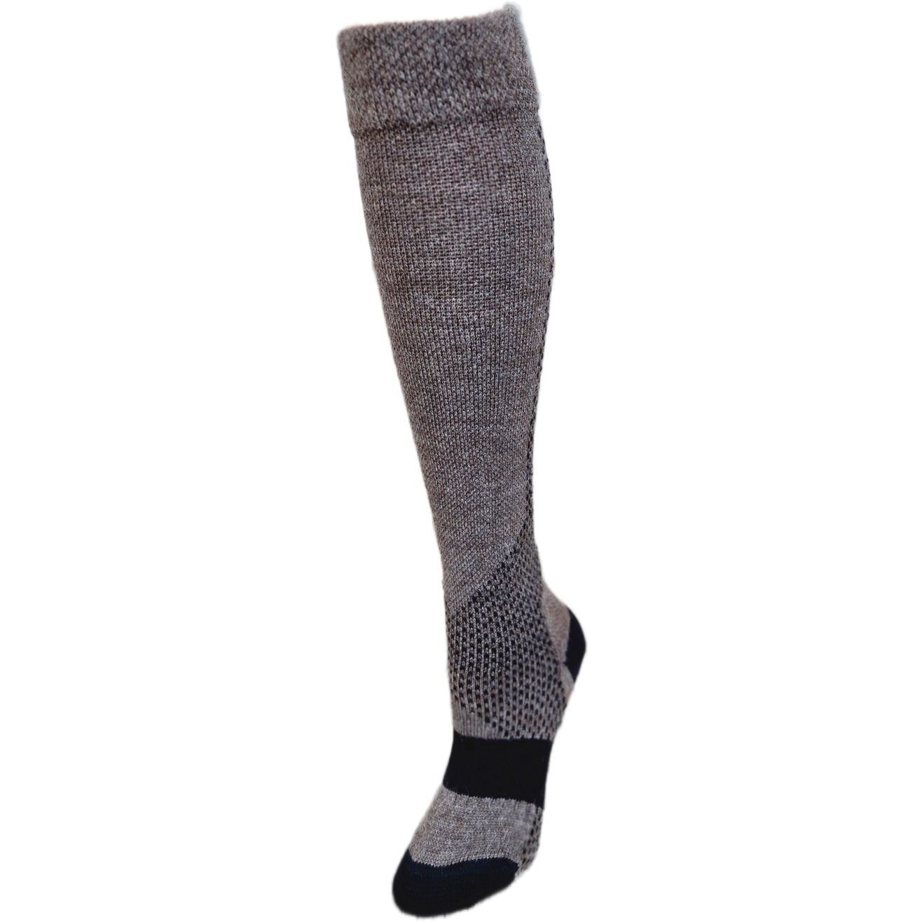 A single knee-high compression sock in a brown-gray knit with a black toe and heel, shown on a plain white background.