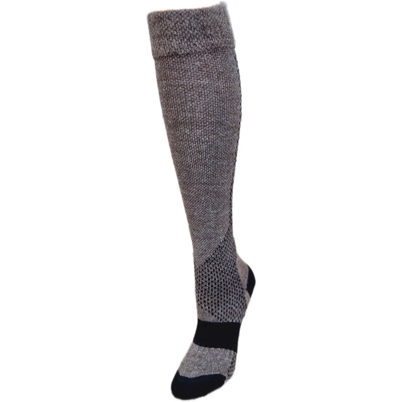 A single knee-high compression sock in a brown-gray knit with a black toe and heel, shown on a plain white background.