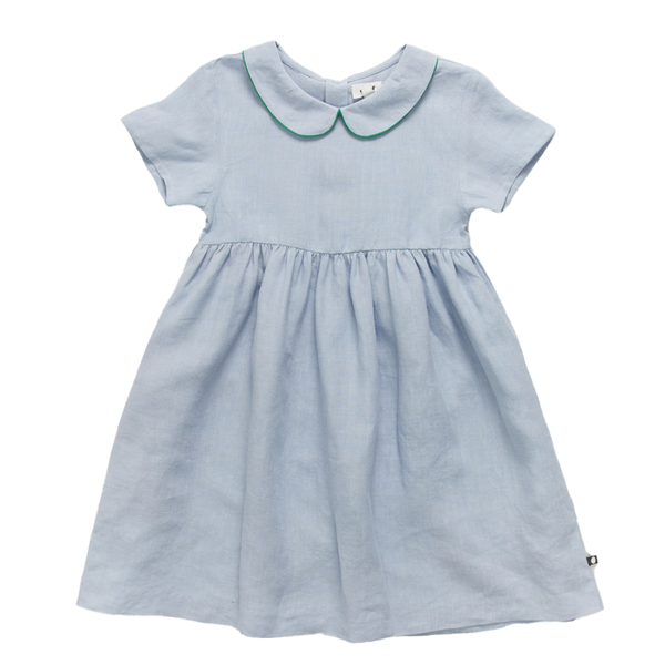 Oeuf Classic Dress 50% cotton, 50% linen blend, a blue kid's dress with a smock collar on a white background