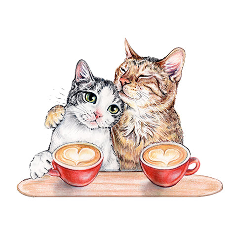 two cats with heart lattes