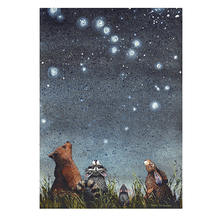 bear, raccoon, mouse, rabbit look up at the stars, night sky