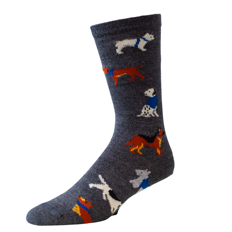Gray sock with colorful dog illustrations on a white background