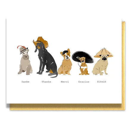 Dogs of the World Thank You Card - different dogs with thank you in different languages on a neutral background