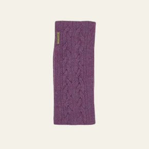 Purple knitted headband with a brand logo on a beige background