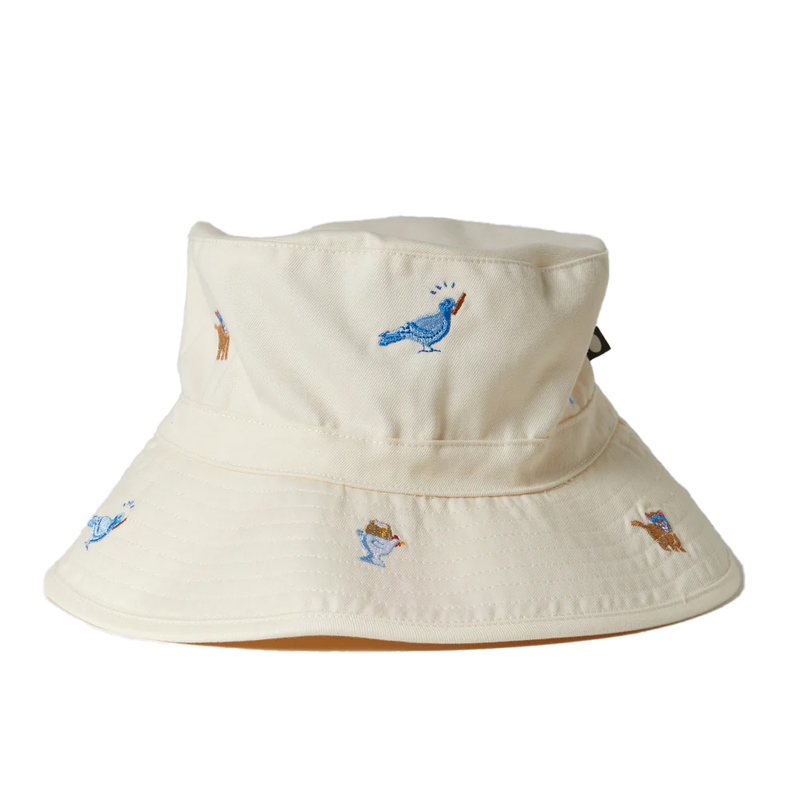 Oeuf Embroidered Bucket Hat - 100% cotton twill for summer, a white bucket hat with embroidered designs on a white background.