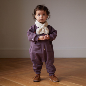 A young child wears a purple Oeuf Embroidered Terry Romper in front of a neutral background. 