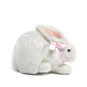 Plush felted rabbit toy with a pink bow on a white background
