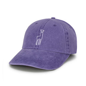 Purple baseball cap with a white alpaca design on a white background