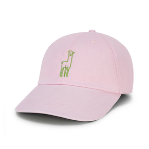 Pink cap with a green alpaca logo on a white background