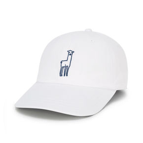 White cap with an alpaca logo on a white background