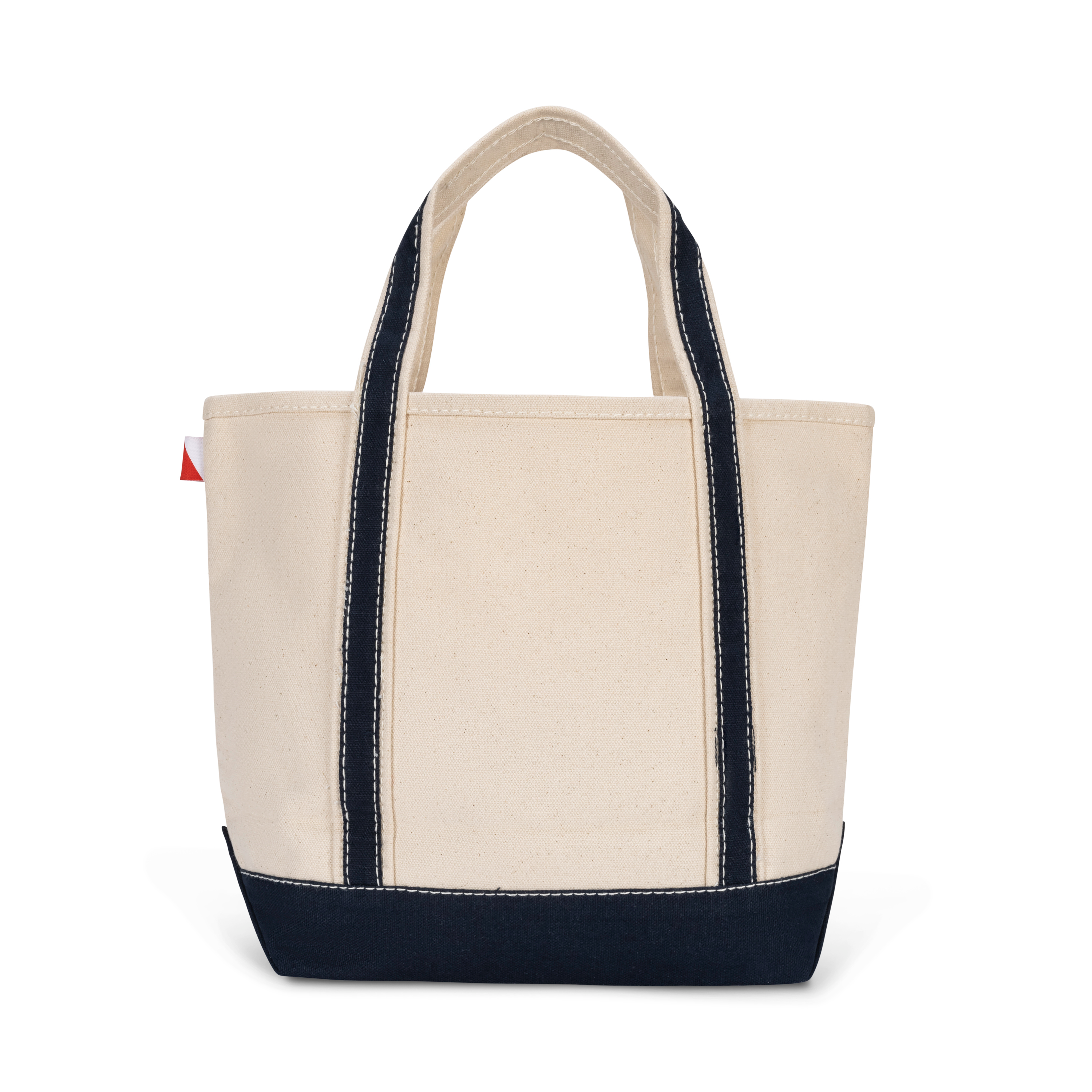 Of white tote bag with navy accents on a white background