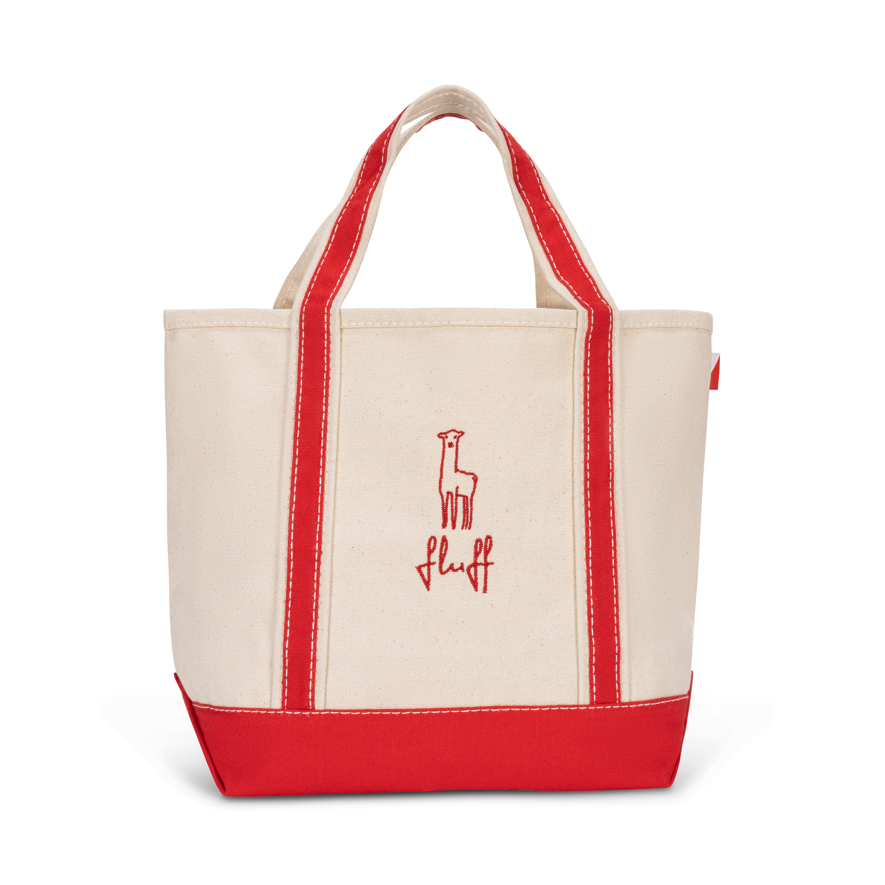 Off white tote bag with red accents and 'fluff' logo on a white background